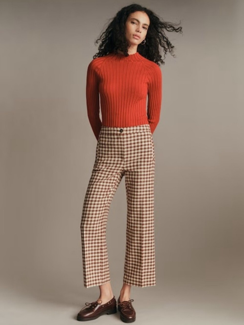 Sezane Martin Gringham Crop Tailored Trouser Size 36 Small 4 In Brown Ecru